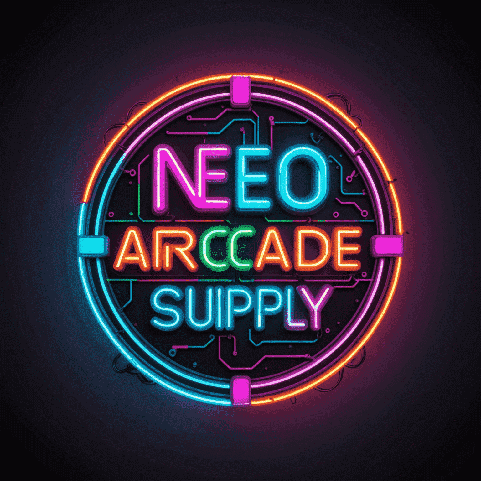 Logo NeoArcade Supply - stylizowane na neon z lat 80., z pikselowymi elementami i jaskrawymi kolorami