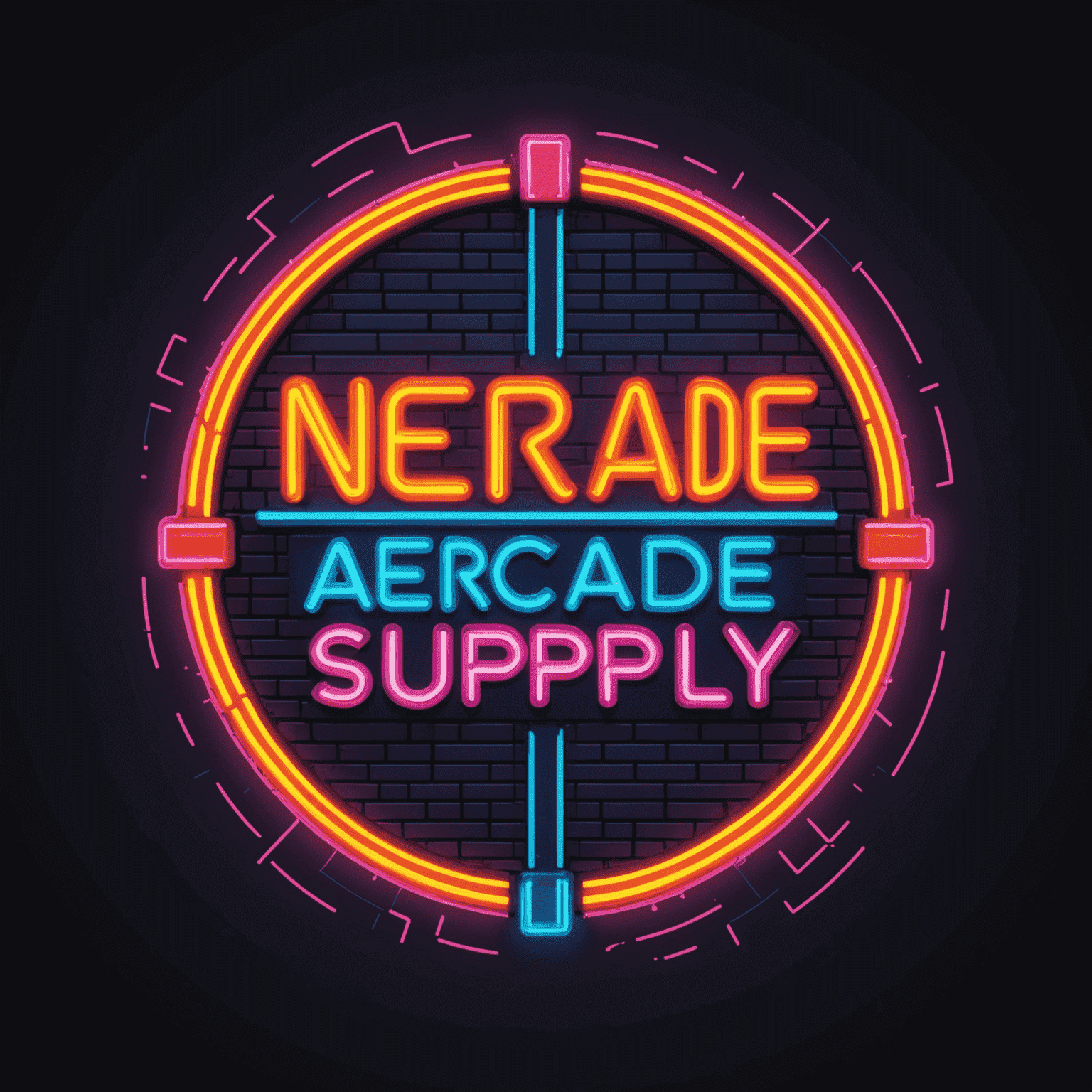 Logo NeoArcade Supply - stylizowane na neon z lat 80., z pikselowymi elementami i jaskrawymi kolorami