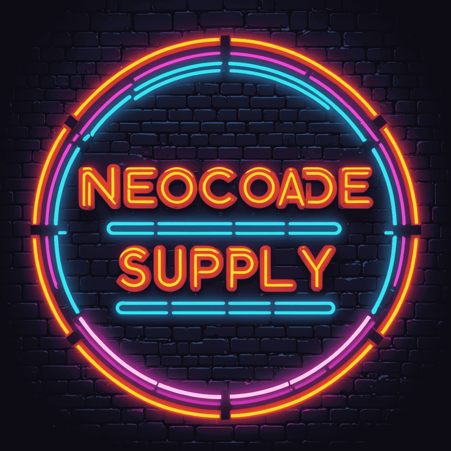 Logo NeoArcade Supply - stylizowane na neon z lat 80., z pikselowymi elementami i jaskrawymi kolorami