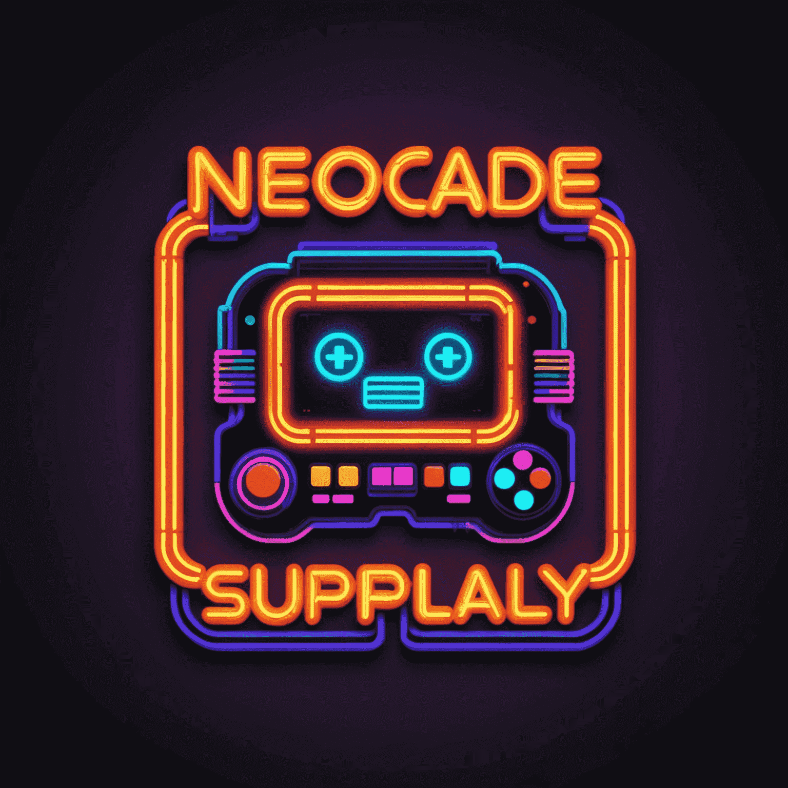 Logo NeoArcade Supply - stylizowane na neon z lat 80., z pikselowymi elementami i jaskrawymi kolorami