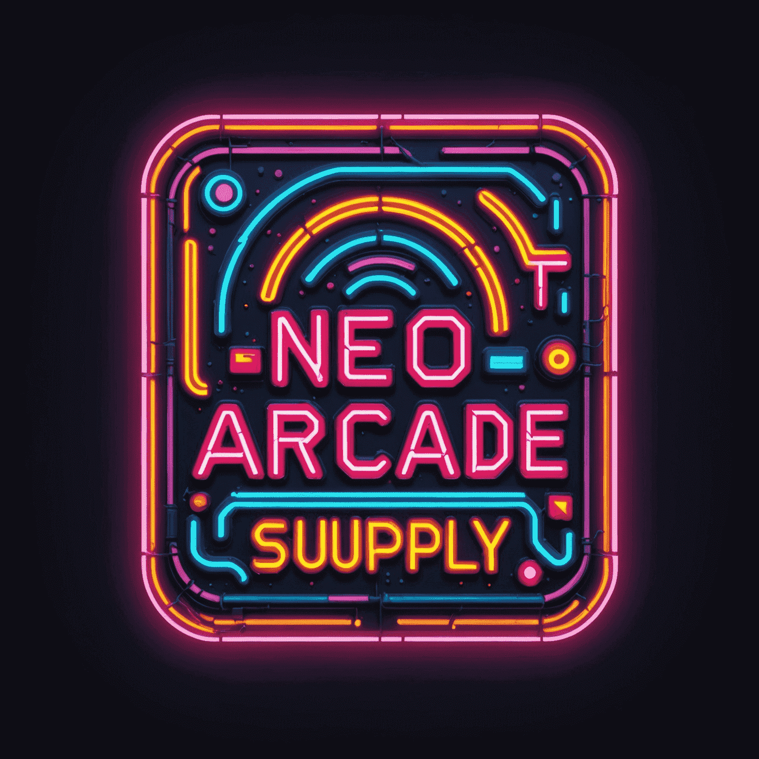 Logo NeoArcade Supply - stylizowane na neon z lat 80., z pikselowymi elementami i jaskrawymi kolorami