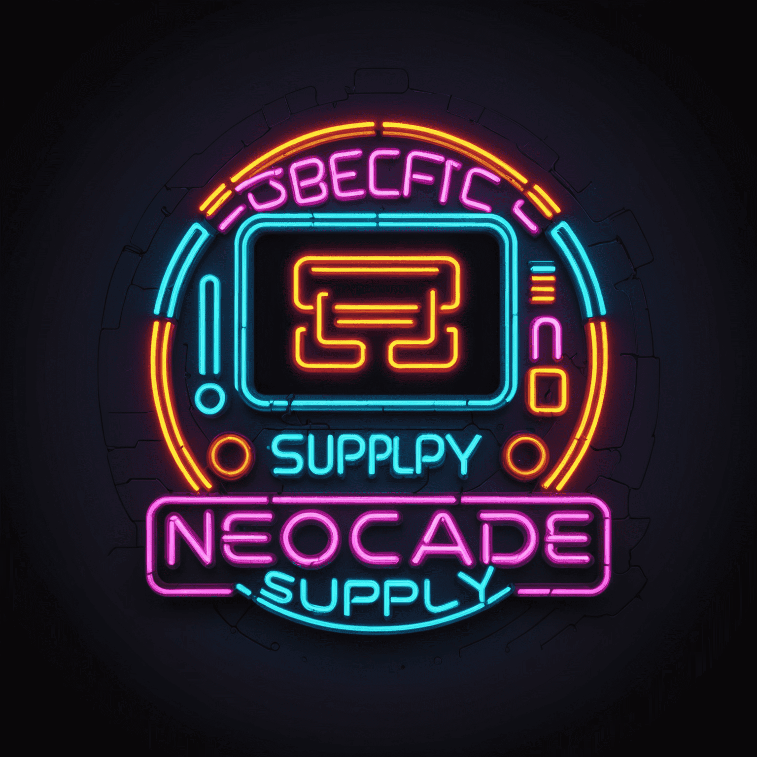 Logo NeoArcade Supply - stylizowane na neon z lat 80., z pikselowymi elementami i jaskrawymi kolorami