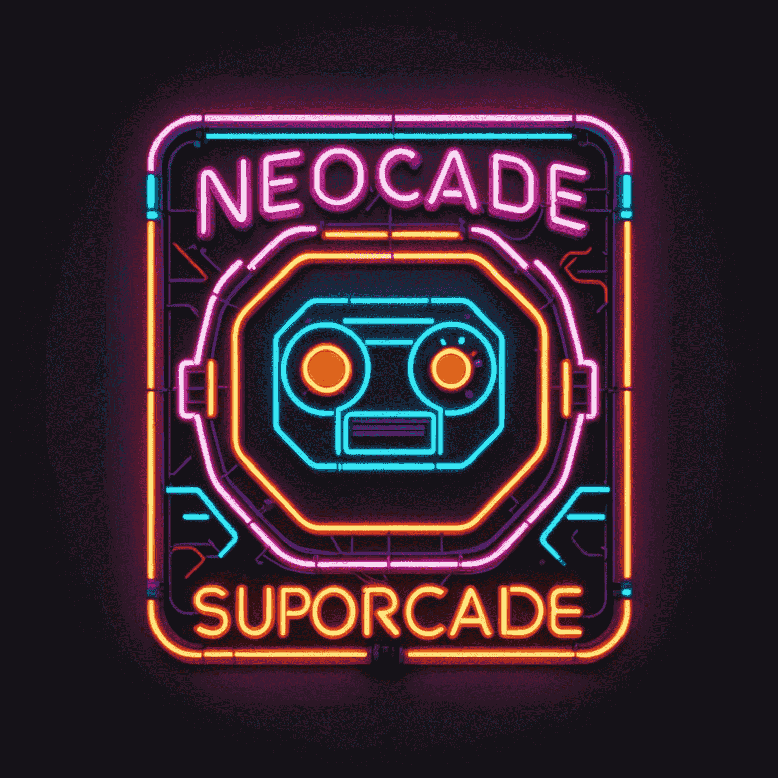 Logo NeoArcade Supply - stylizowane na neon z lat 80., z pikselowymi elementami i jaskrawymi kolorami