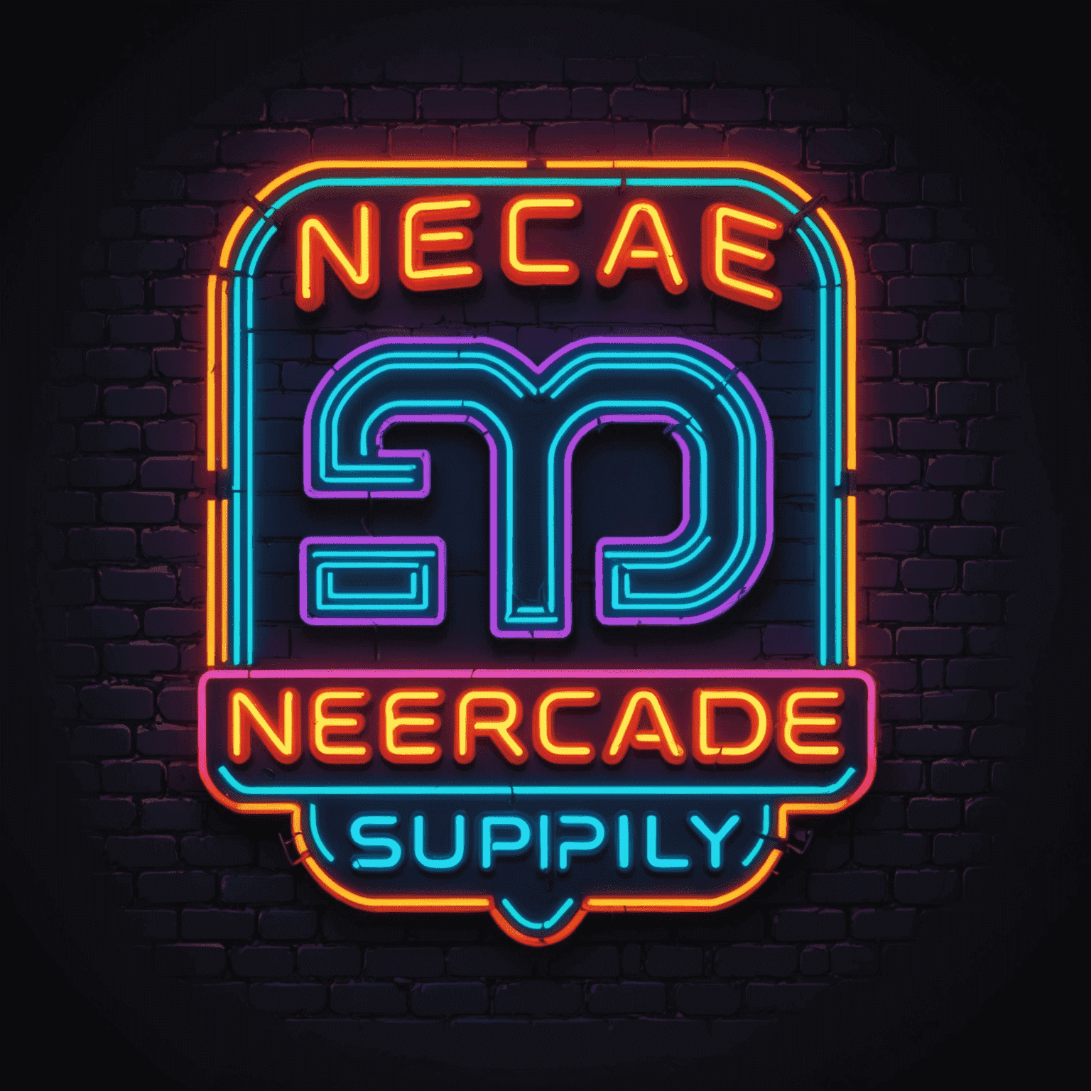 Logo NeoArcade Supply - stylizowane na neon z lat 80., z pikselowymi elementami i jaskrawymi kolorami