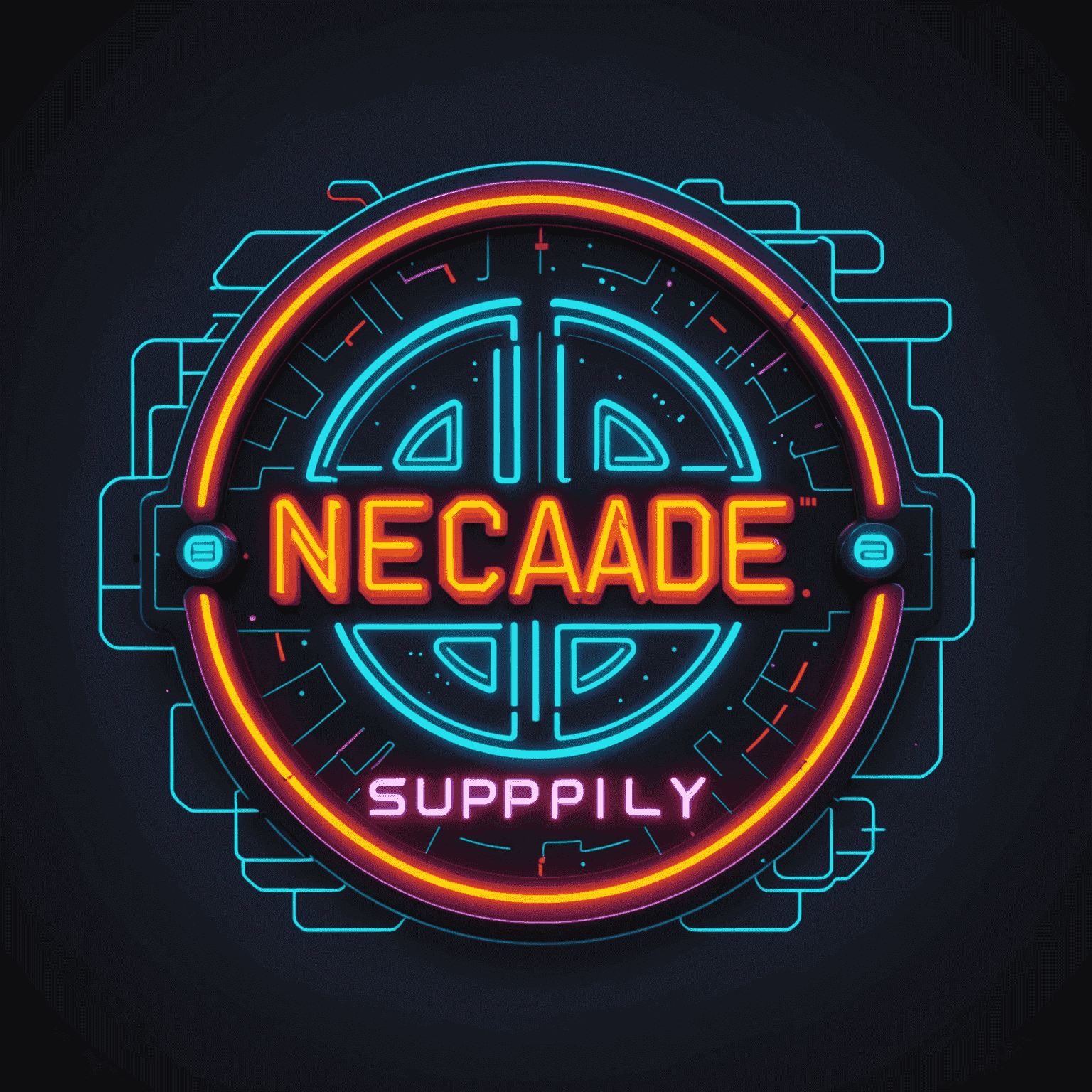 Logo NeoArcade Supply - stylizowane na neon z lat 80., z pikselowymi elementami i jaskrawymi kolorami