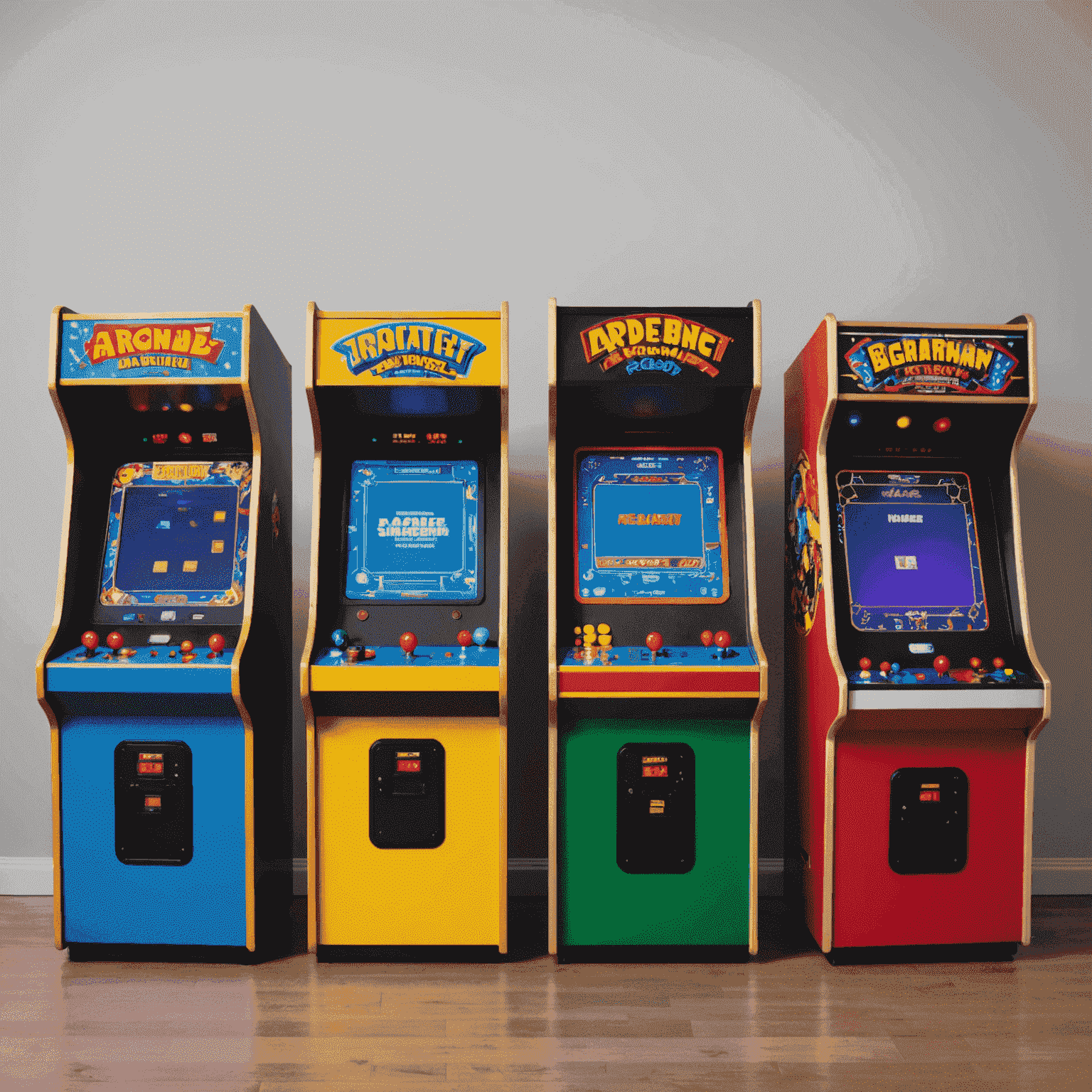 Różnorodna kolekcja kolorowych automatów arcade ustawionych w rzędzie, pokazująca klasyczne i nowoczesne maszyny do gier