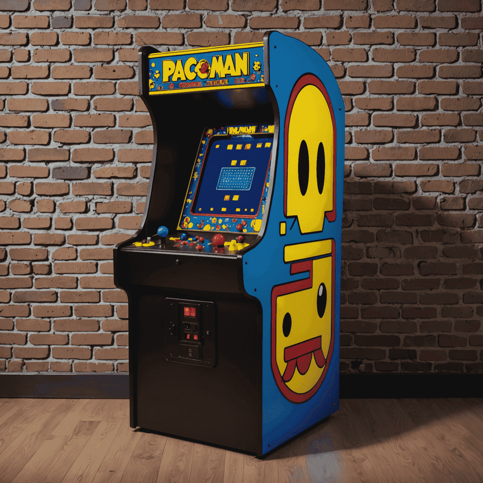 Klasyczny automat arcade z kolorowym ekranem wyświetlającym kultową grę Pac-Man. Obudowa automatu jest ozdobiona jaskrawymi neonowymi grafikami i przyciskami