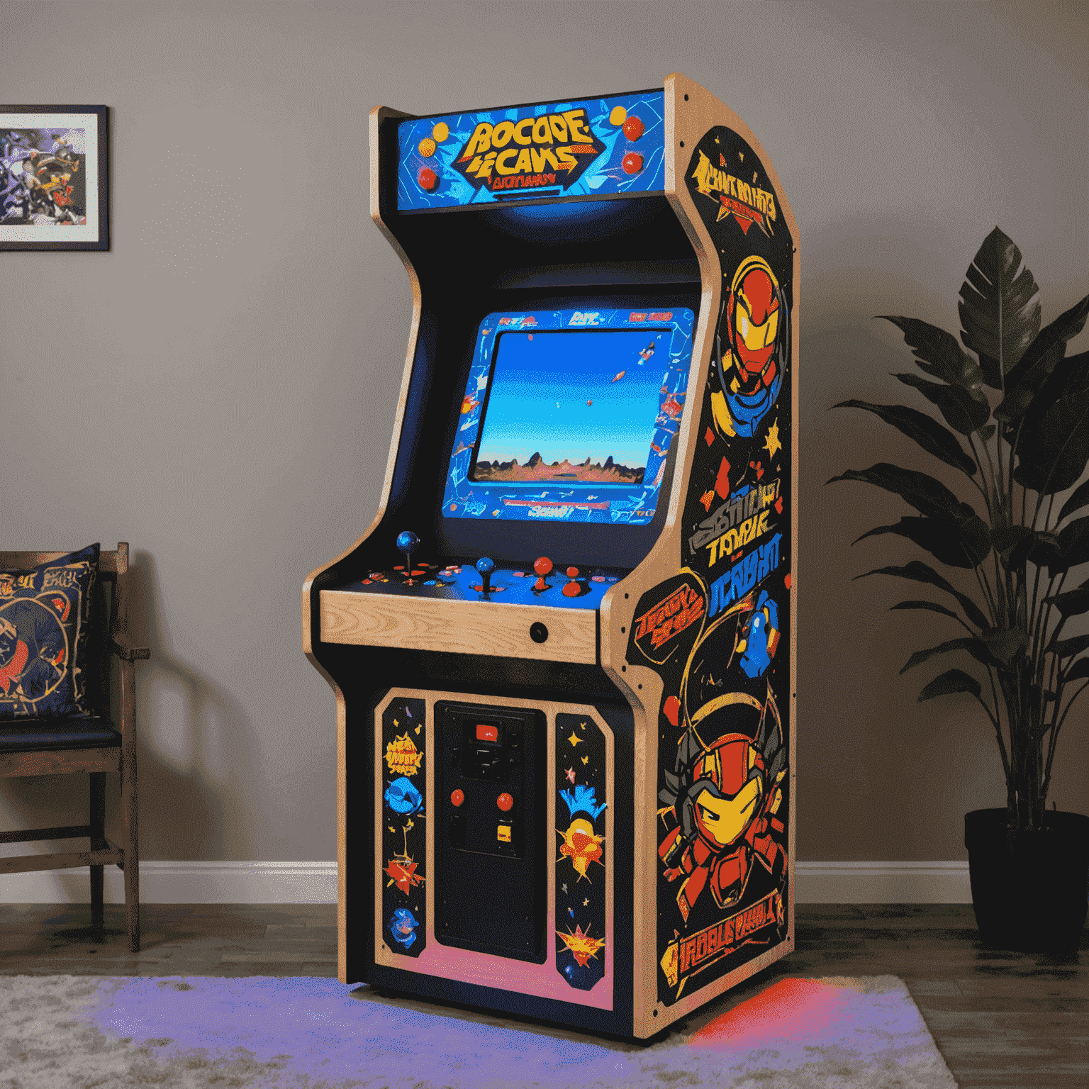 Niestandardowa szafka do gier arcade z unikalnym designem, kolorowym oświetleniem LED i grafiką retro