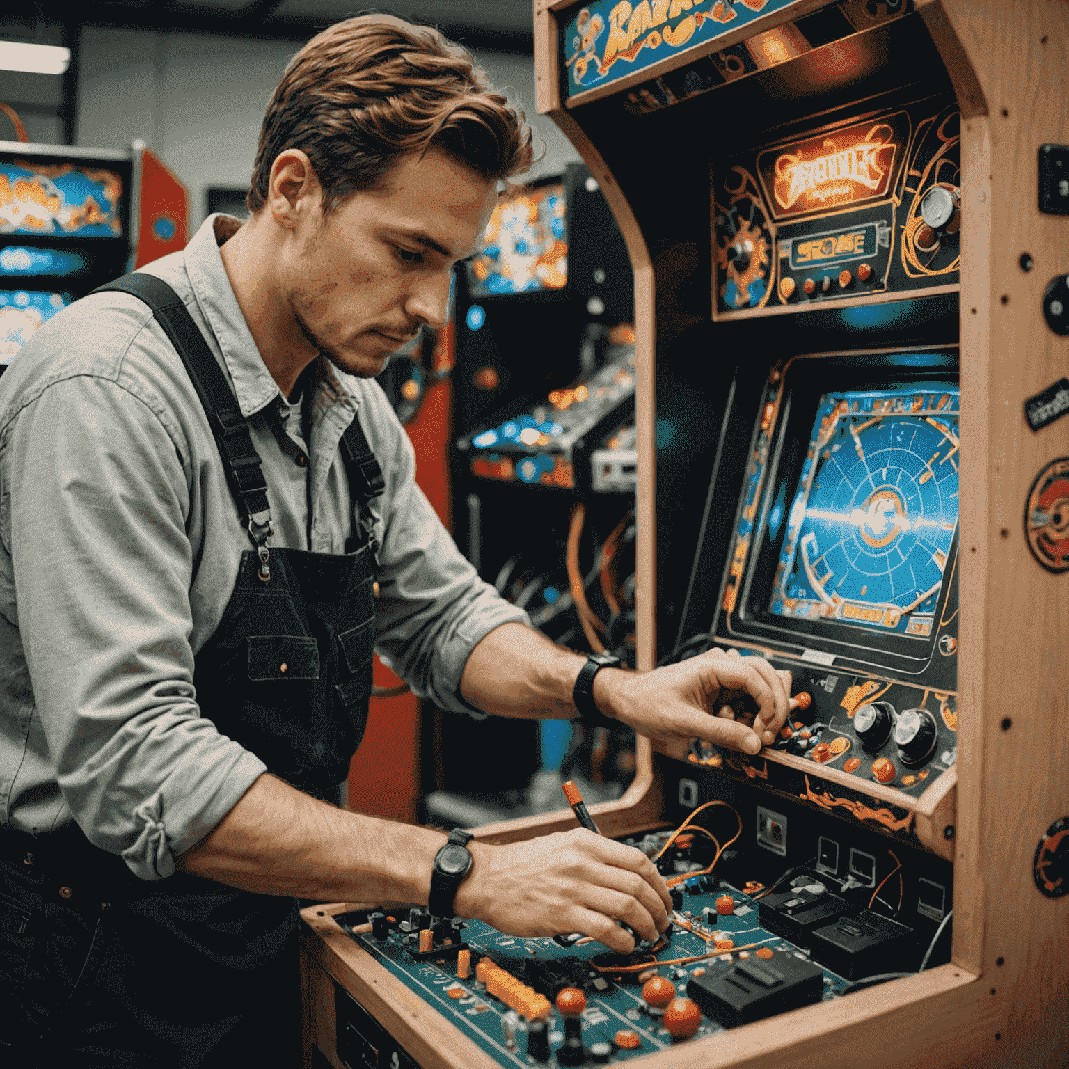 Technik naprawiający automat do gier arcade, skupiony na wewnętrznych elementach maszyny, otoczony narzędziami i częściami zamiennymi