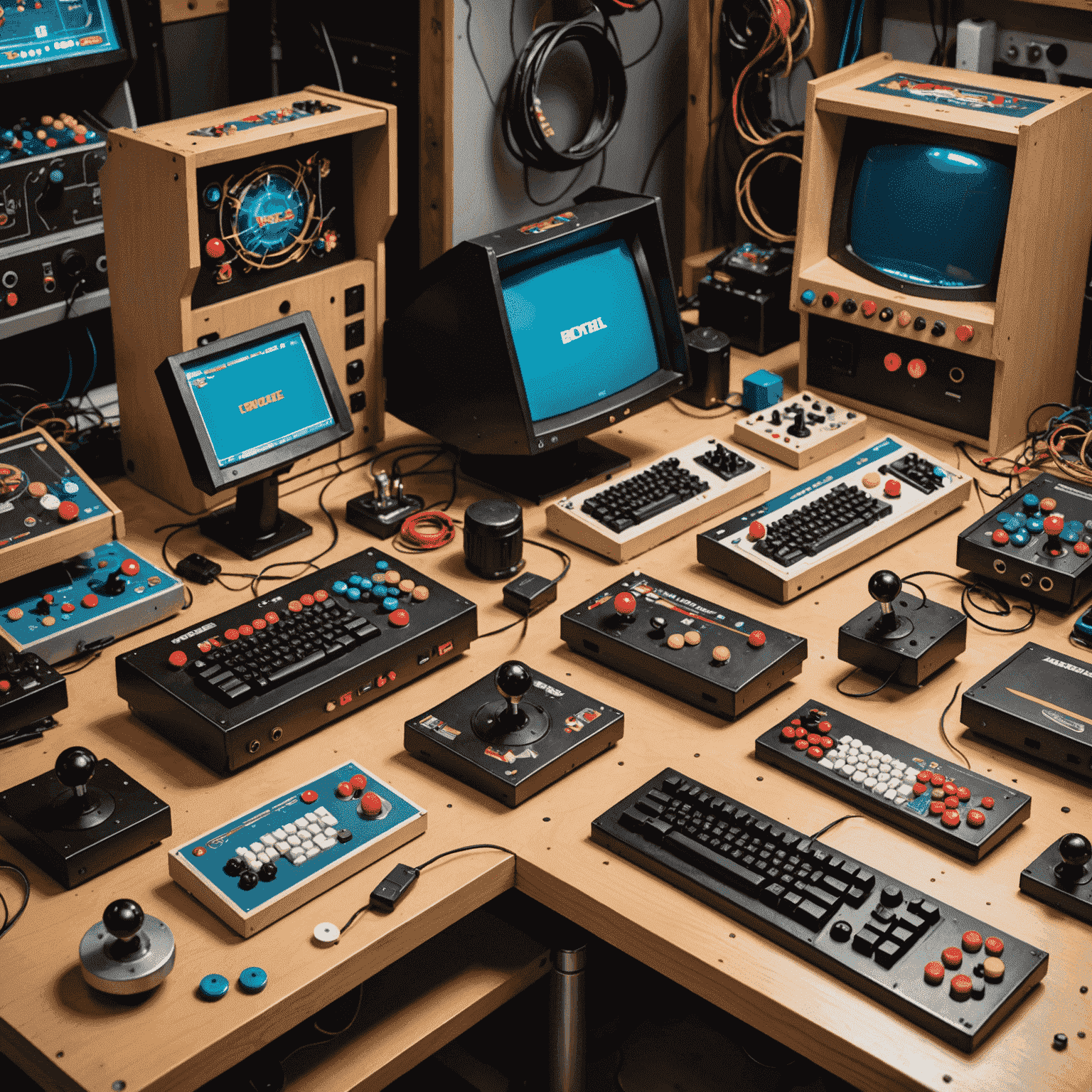 Różnorodne części do automatów arcade, w tym joysticki, przyciski, monitory i płyty główne, ułożone na stole warsztatowym