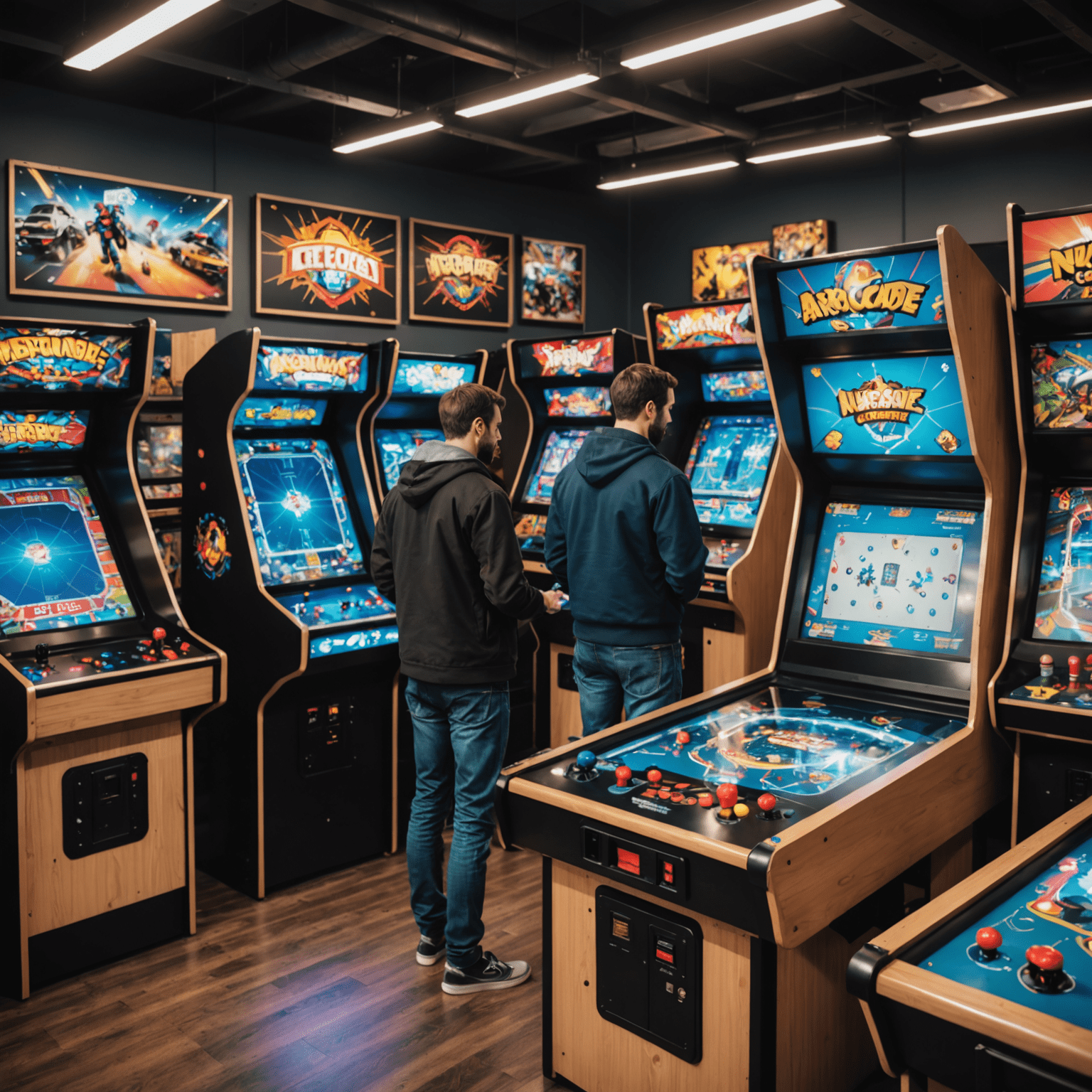 Ekspert NeoArcade Supply konsultujący układ sali gier z klientem, otoczony różnorodnymi automatami do gier i szkicami projektowymi