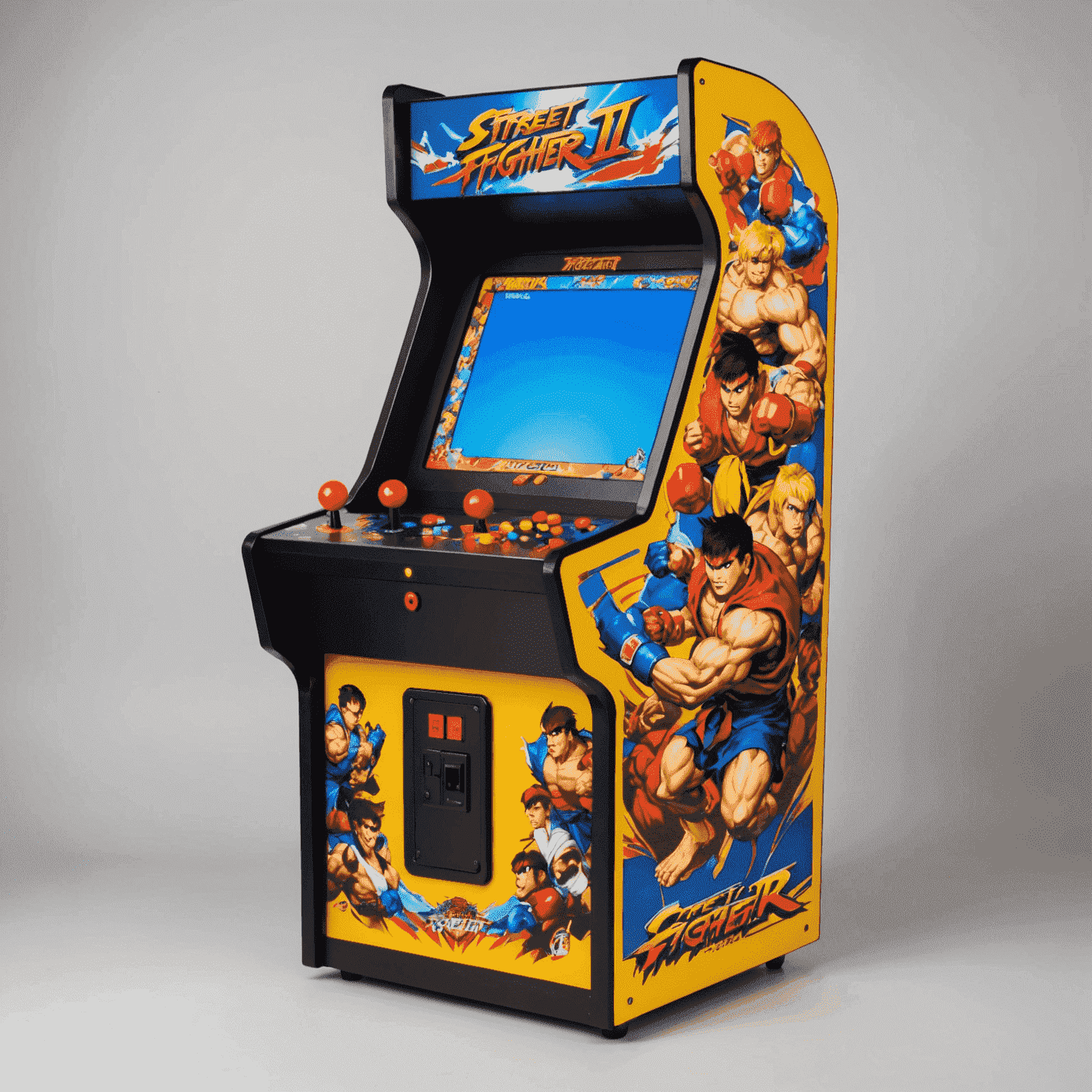 Automat arcade z grą Street Fighter II, z charakterystycznymi postaciami na ekranie i kolorowymi przyciskami do sterowania