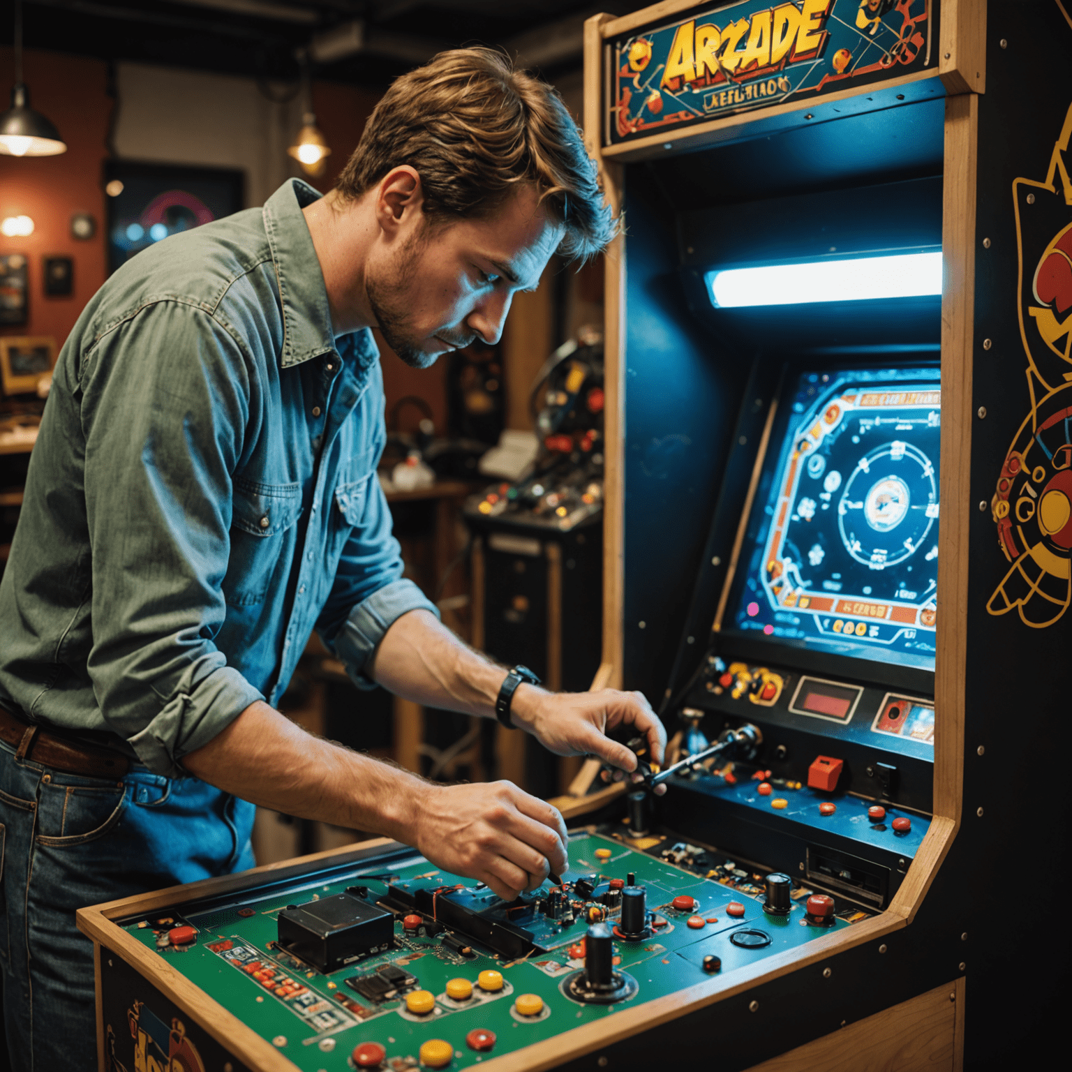 Technik naprawiający wewnętrzne komponenty automatu arcade