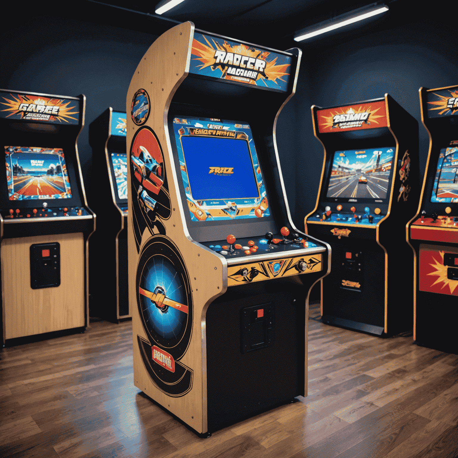 Nowoczesny automat arcade z dużym ekranem LCD, wyświetlający współczesną grę wyścigową