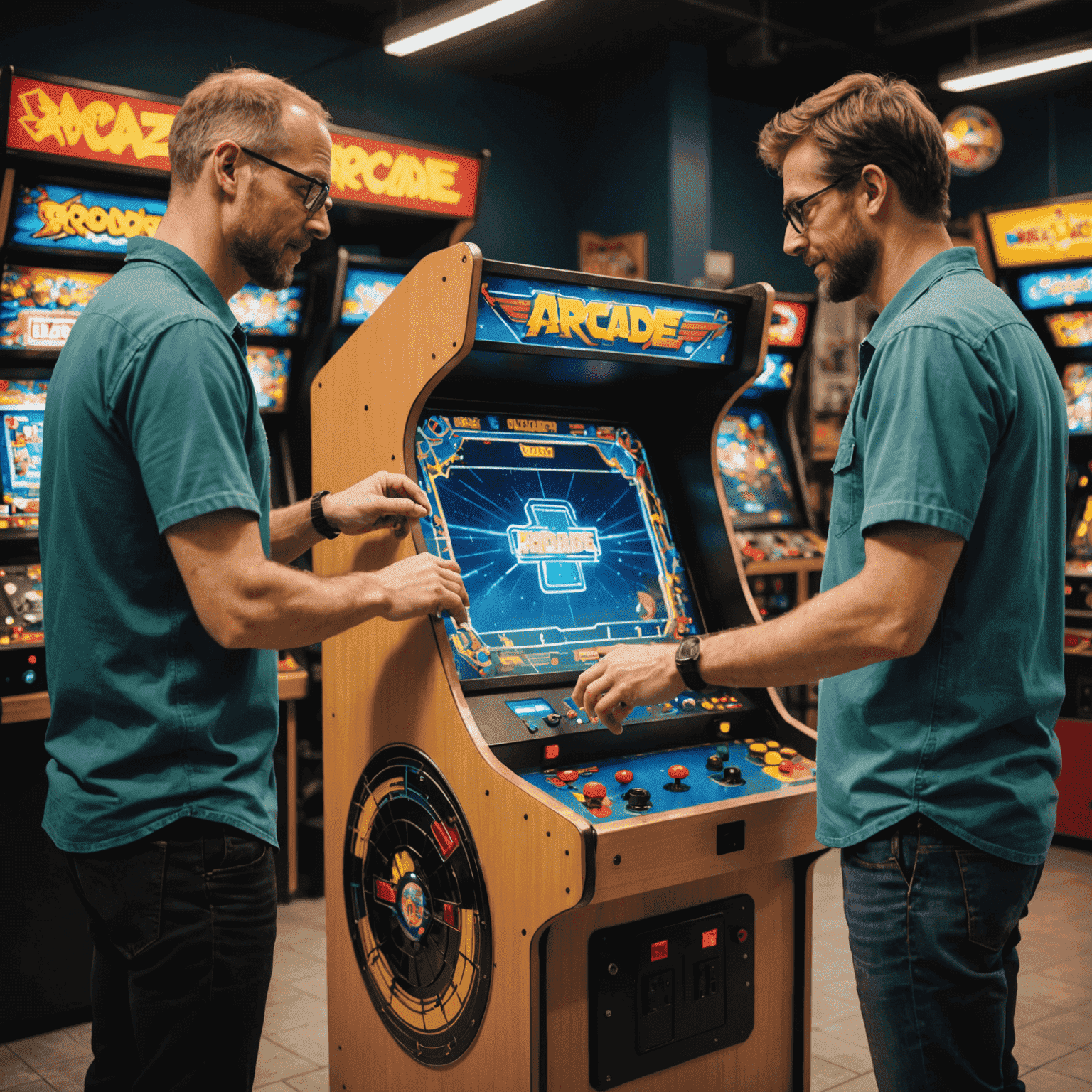 Technik prezentujący właścicielowi salonu gier zmodernizowane elementy automatu arcade