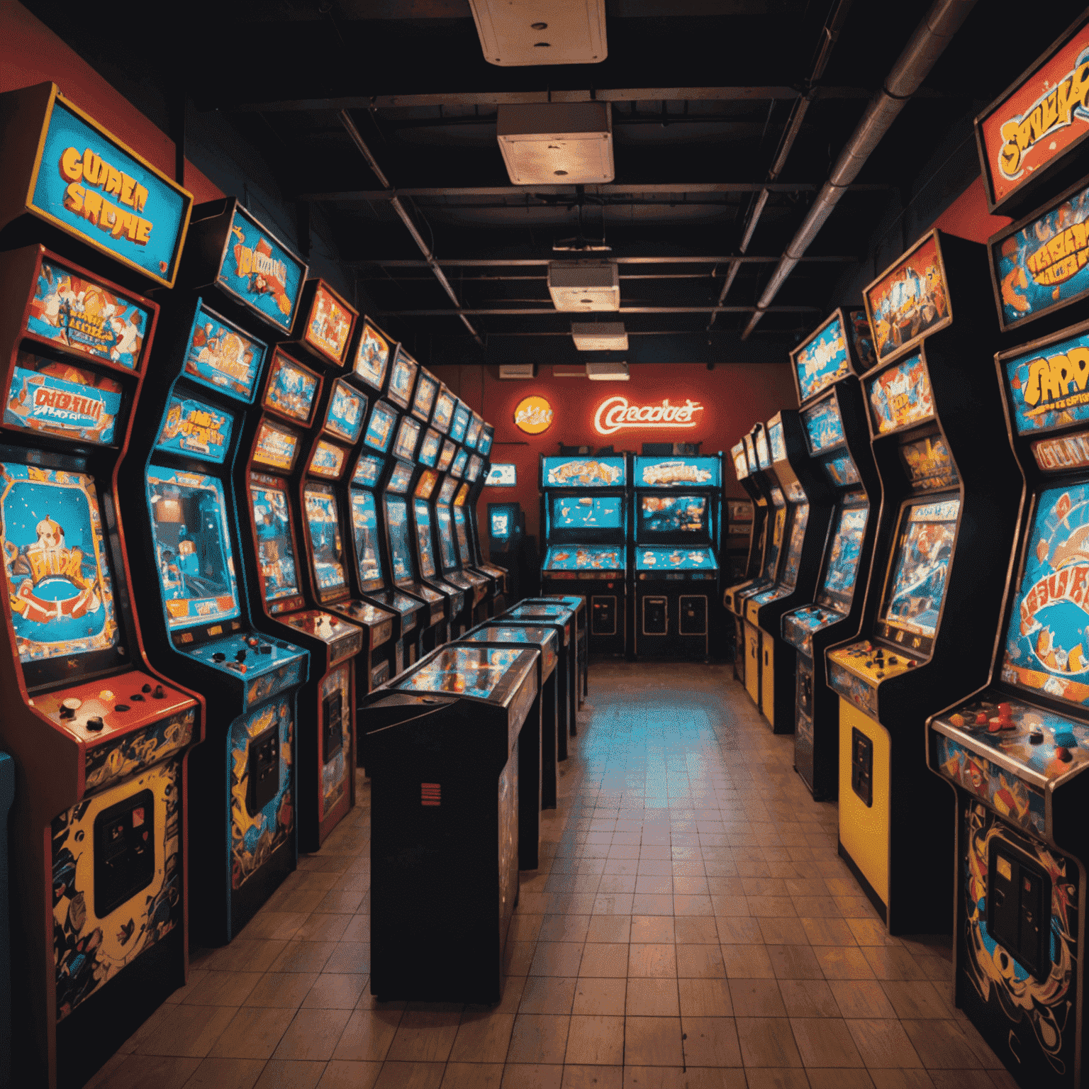 Wnętrze salonu gier z różnorodnymi automatami arcade ustawionymi w rzędach, z graczami cieszącymi się różnymi grami